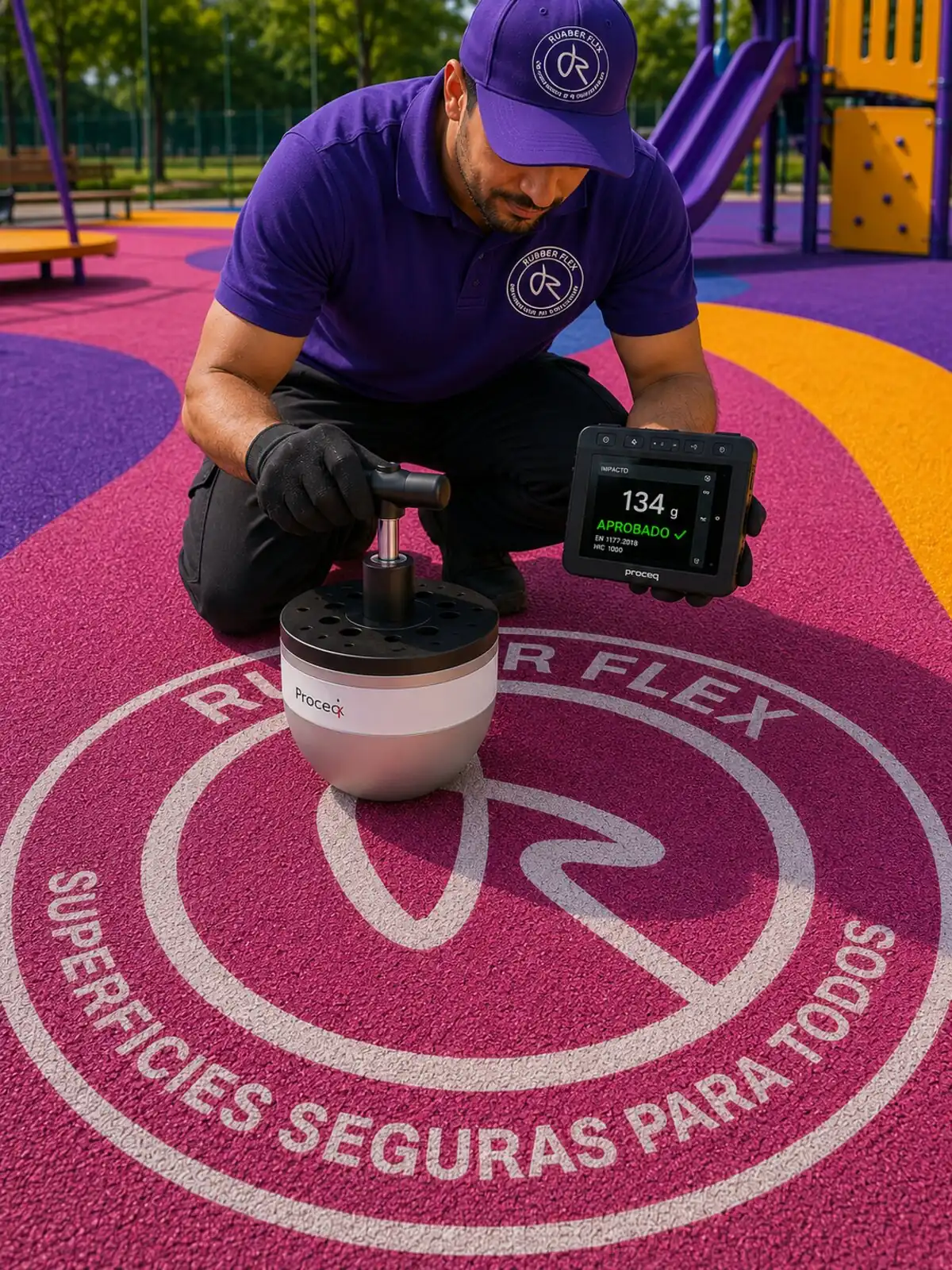 Ensayo de amortiguación de impacto sobre superficie de caucho Rubber Flex